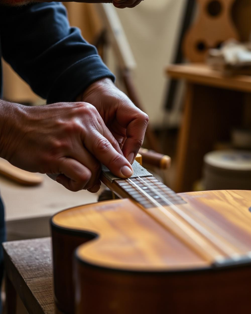 Artisan hand-sanding a guitar neck at Camwood